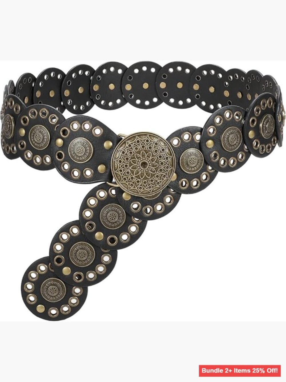 Vintage Western Disc Belt PU Leather Boho Waist Belt for Dresses Jeans